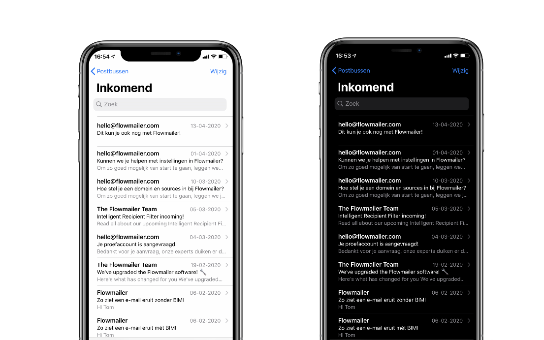 light tegenover dark mode in iOS inbox op iPhone