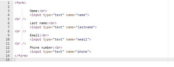 html form with four simple fields: name, last name, email, and phone number
