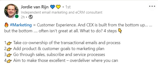 Jordie van Rijn's LinkedIn post about the EMAS and how marketing should get involved in transactional email CEX