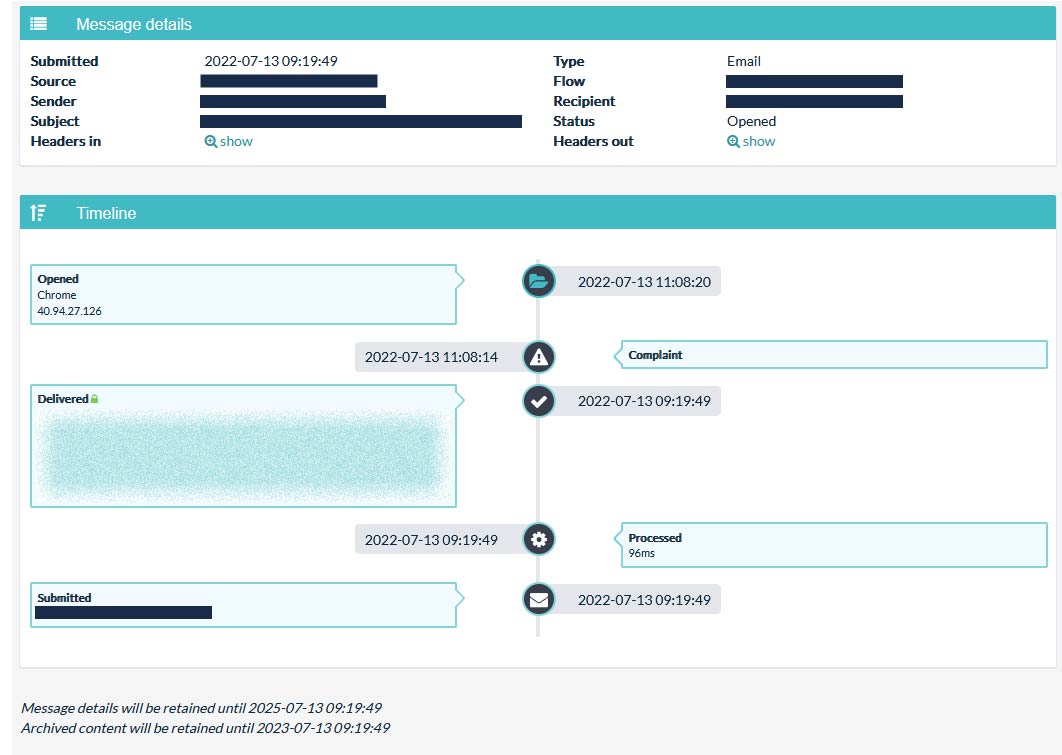 Flowmailer interface showing message details about a complaint notification