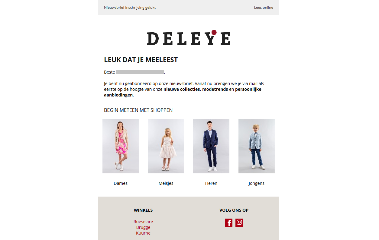 Deleye biedt direct de mogelijkheid tot shoppen in hun welkomstmail