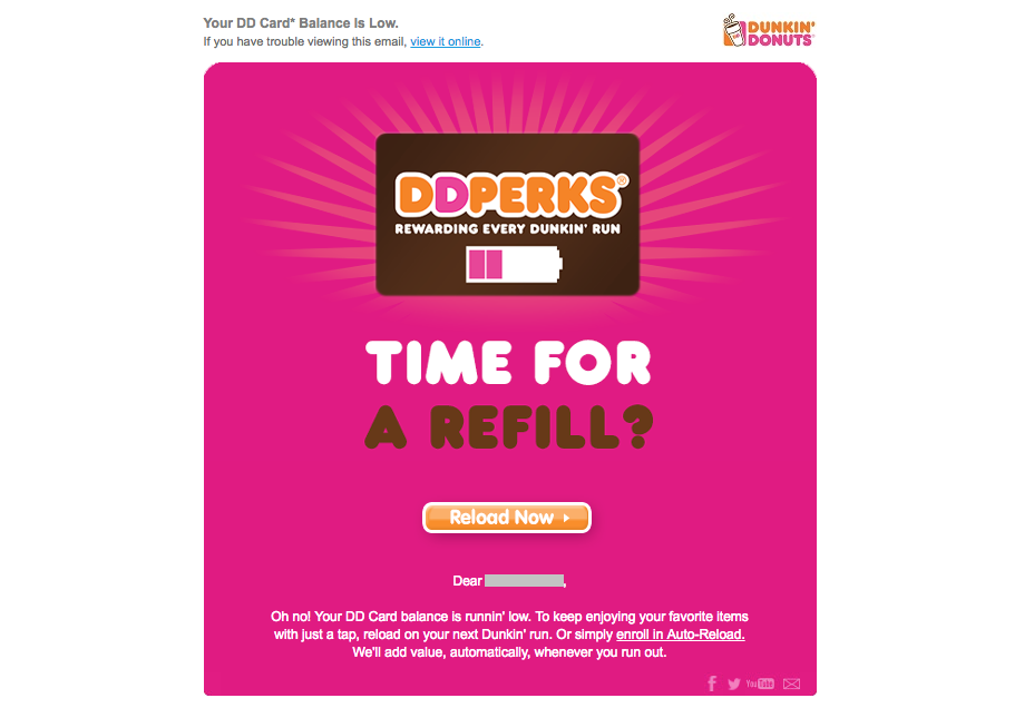 Dunkin Donuts probeert upsell in hun DD card emails
